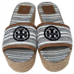 Pre Owned Tory Burch White/Black Logo Stripe Canvas Espadrille Slides Size 37.5