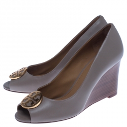 Pre Owned حذاء كعب عالي توري برش كعب روكي مقدمة مفتوحة جوليانا جلد رمادي مقاس 37