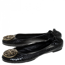 Pre Owned Tory Burch Black Python Embossed Leather Reva Ballet Flats Size 39