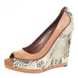 مملوكة مسبقًا Tory Burch Beige Suede &amp; Snake Embossed Sandra Wedges Size 41