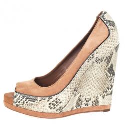 مملوكة مسبقًا Tory Burch Beige Suede &amp; Snake Embossed Sandra Wedges Size 41