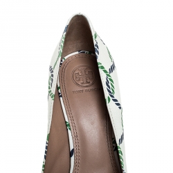 Pre Owned Tory Burch White Leather And Green/Blue Isle Rope Maritime Block Heel Pumps Size 39.5