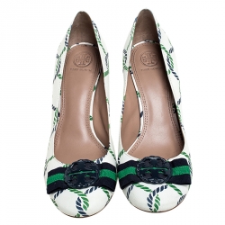 Pre Owned Tory Burch White Leather And Green/Blue Isle Rope Maritime Block Heel Pumps Size 39.5