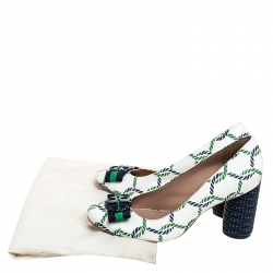 Pre Owned Tory Burch White Leather And Green/Blue Isle Rope Maritime Block Heel Pumps Size 39.5