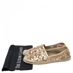 Pre Owned Tory Burch Metallic Gold Embroidered Leather And Mesh Rhea Leaf Espadrille Flats Size 39