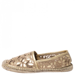 Pre Owned Tory Burch Metallic Gold Embroidered Leather And Mesh Rhea Leaf Espadrille Flats Size 39