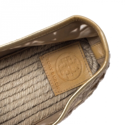 Pre Owned Tory Burch Metallic Gold Embroidered Leather And Mesh Rhea Leaf Espadrille Flats Size 39