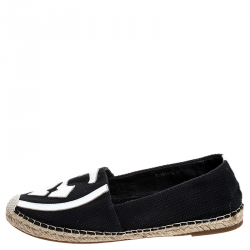 Pre Owned Tory Burch Black Canvas And White Leather Trim And Logo Lonnie Espadrilles Flats Size 41