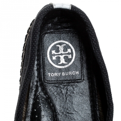 Pre Owned Tory Burch Black Canvas And White Leather Trim And Logo Lonnie Espadrilles Flats Size 41