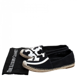 Pre Owned Tory Burch Black Canvas And White Leather Trim And Logo Lonnie Espadrilles Flats Size 41