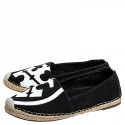 Pre Owned Tory Burch Black Canvas And White Leather Trim And Logo Lonnie Espadrilles Flats Size 41