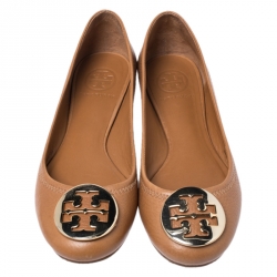 Pre Owned حذاء باليرينا فلات توري بورش ريفا جلد بني مقاس 36.5