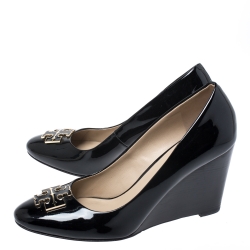 Pre Owned Tory Burch Black Patent Leather Wedge Pumps Size 39