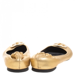Pre Owned Tory Burch Metallic Gold Leather Minnie Scrunch Ballet Flats Size 37