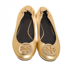 Pre Owned Tory Burch Metallic Gold Leather Minnie Scrunch Ballet Flats Size 37