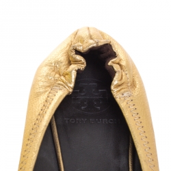 Pre Owned Tory Burch Metallic Gold Leather Minnie Scrunch Ballet Flats Size 37