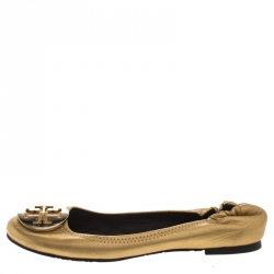 Pre Owned Tory Burch Metallic Gold Leather Minnie Scrunch Ballet Flats Size 37