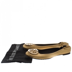 Pre Owned Tory Burch Metallic Gold Leather Minnie Scrunch Ballet Flats Size 37