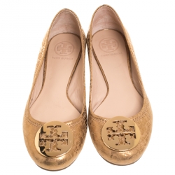 Pre Owned Tory Burch Metallic Gold Foil Textured Suede Reva Ballet Flats Size 37