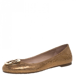 Pre Owned Tory Burch Metallic Gold Foil Textured Suede Reva Ballet Flats Size 37