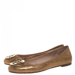 Pre Owned Tory Burch Metallic Gold Foil Textured Suede Reva Ballet Flats Size 37