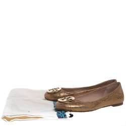 Pre Owned Tory Burch Metallic Gold Foil Textured Suede Reva Ballet Flats Size 37