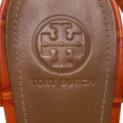 Pre Owned Tory Burch 2 Tone Croc Embossed Leather Cross Strap Peep Toe Sandals Size 38.5