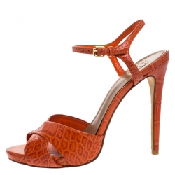 Pre Owned Tory Burch 2 Tone Croc Embossed Leather Cross Strap Peep Toe Sandals Size 38.5