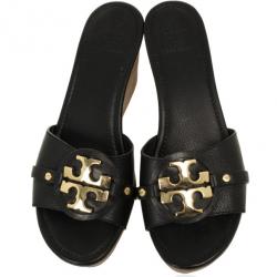 مملوكة مسبقًا Tory Burch Black Leather "Patti 3" Mid Wedge Slide Size 40.5