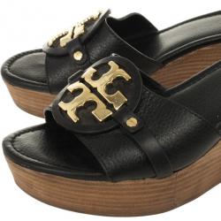 مملوكة مسبقًا Tory Burch Black Leather "Patti 3" Mid Wedge Slide Size 40.5