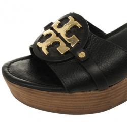 مملوكة مسبقًا Tory Burch Black Leather "Patti 3" Mid Wedge Slide Size 40.5