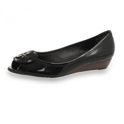 Pre Owned Tory Burch Black Patent Peep Toe Carol Mini Wedges Size 38Size 38