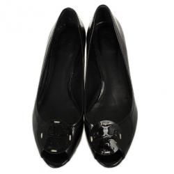 Pre Owned Tory Burch Black Patent Peep Toe Carol Mini Wedges Size 38Size 38