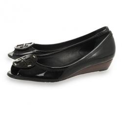 Pre Owned Tory Burch Black Patent Peep Toe Carol Mini Wedges Size 38Size 38