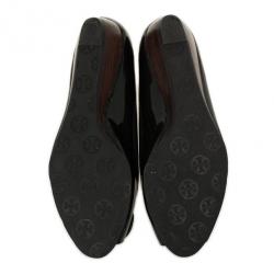 Pre Owned Tory Burch Black Patent Peep Toe Carol Mini Wedges Size 38Size 38