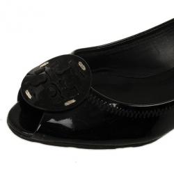 Pre Owned Tory Burch Black Patent Peep Toe Carol Mini Wedges Size 38Size 38