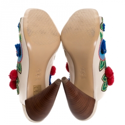 Pre Owned Tory Burch Multicolor Embroidered Leather Ellis Peep Toe Mules Size 38.5