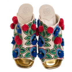 Pre Owned Tory Burch Multicolor Embroidered Leather Ellis Peep Toe Mules Size 38.5