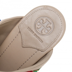 Pre Owned Tory Burch Multicolor Embroidered Leather Ellis Peep Toe Mules Size 38.5