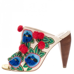 Pre Owned Tory Burch Multicolor Embroidered Leather Ellis Peep Toe Mules Size 38.5