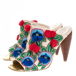Pre Owned Tory Burch Multicolor Embroidered Leather Ellis Peep Toe Mules Size 38.5