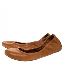 مملوكة مسبقًا Tory Burch Brown Leather Round Toe Ballet Flats Size 36.5