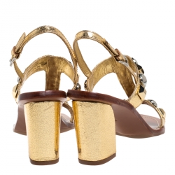 Pre Owned Tory Burch Gold Leather Studded T Strap Slingback Sandals Size 37.5