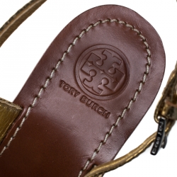 Pre Owned Tory Burch Gold Leather Studded T Strap Slingback Sandals Size 37.5