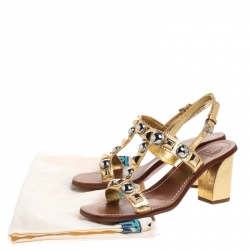 Pre Owned Tory Burch Gold Leather Studded T Strap Slingback Sandals Size 37.5