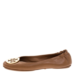 Pre Owned Tory Burch Brown Leather Minnie Scrunch Ballet Flats Size 37