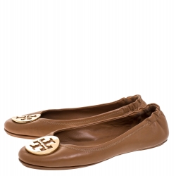 Pre Owned Tory Burch Brown Leather Minnie Scrunch Ballet Flats Size 37