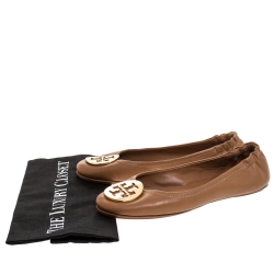 Pre Owned Tory Burch Brown Leather Minnie Scrunch Ballet Flats Size 37