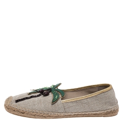Pre Owned  Tory Burch Beige Canvas Applique Embellished Castaway Espadrille Flats Size 39.5