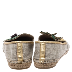 Pre Owned  Tory Burch Beige Canvas Applique Embellished Castaway Espadrille Flats Size 39.5